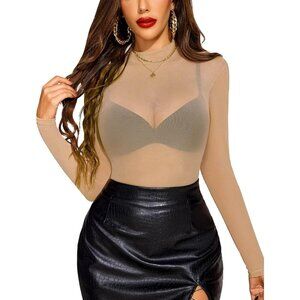 Avidlove Light Tan Pull On Closure Mock Neck Long Sleeve Mesh Top for Women